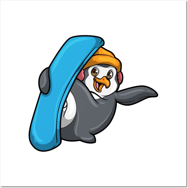 Penguin at Snowboarding with Snowboard and Hat Wall Art by Markus Schnabel